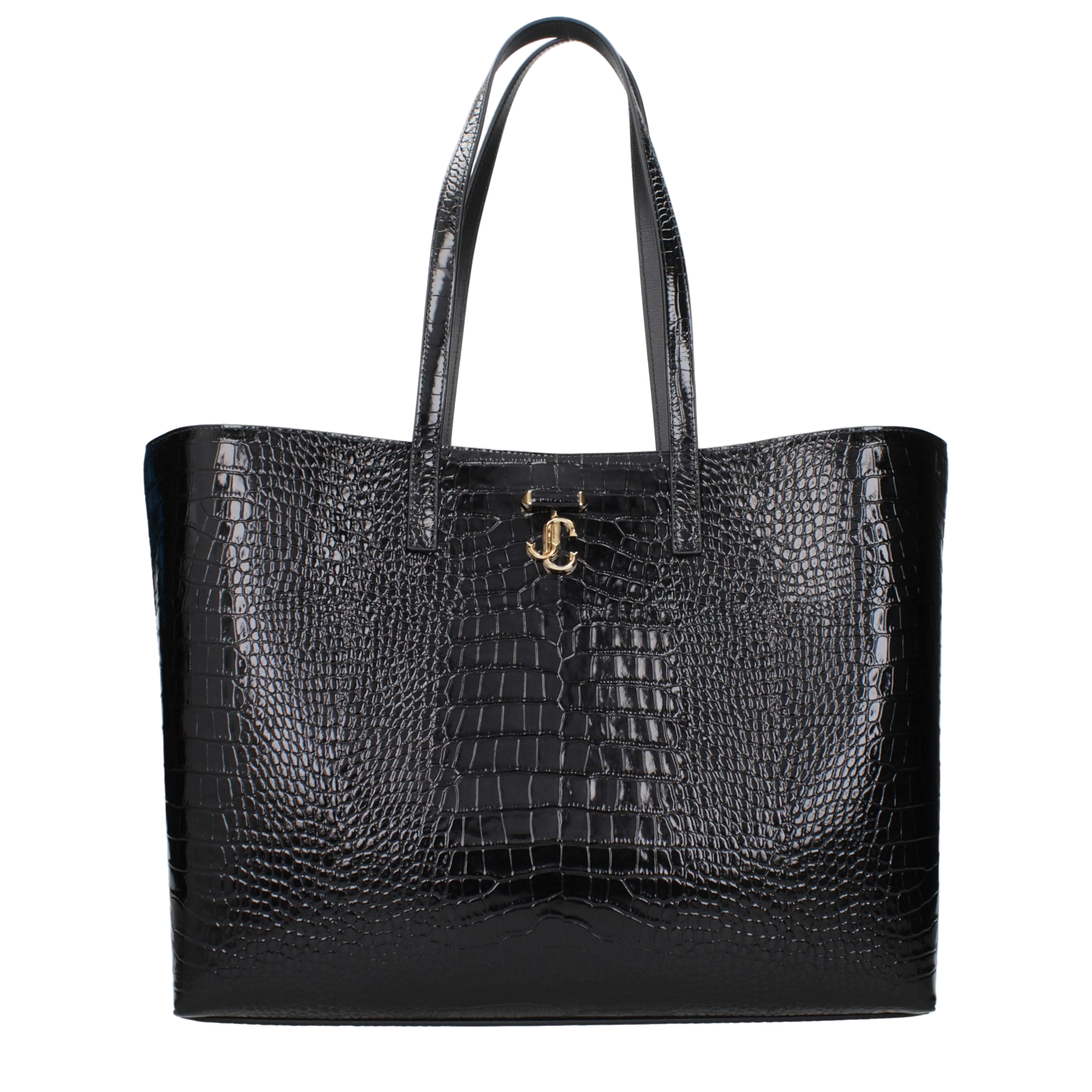 Crocodile-Embossed Leather Shoulder Bag — Black