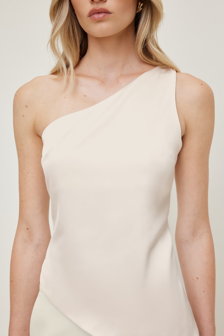 Single Shoulder Satin Top - Beige - Women Clothing