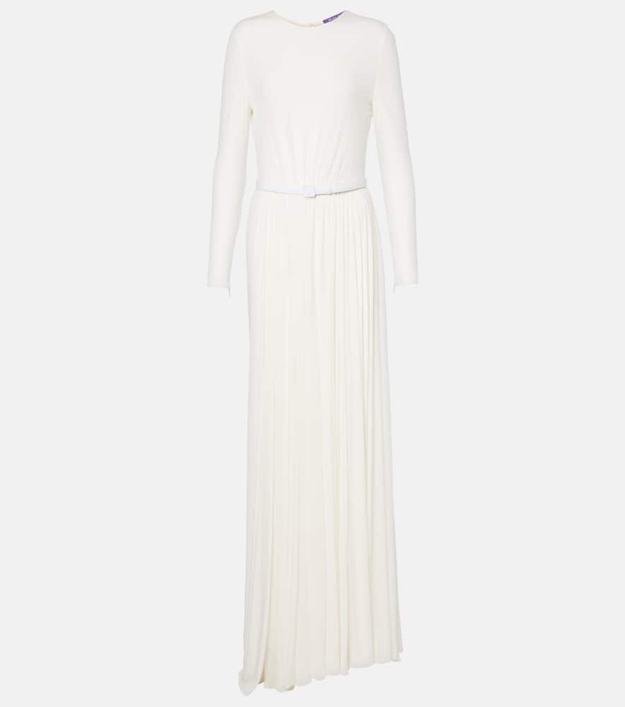 Shirred leather-trimmed maxi dress