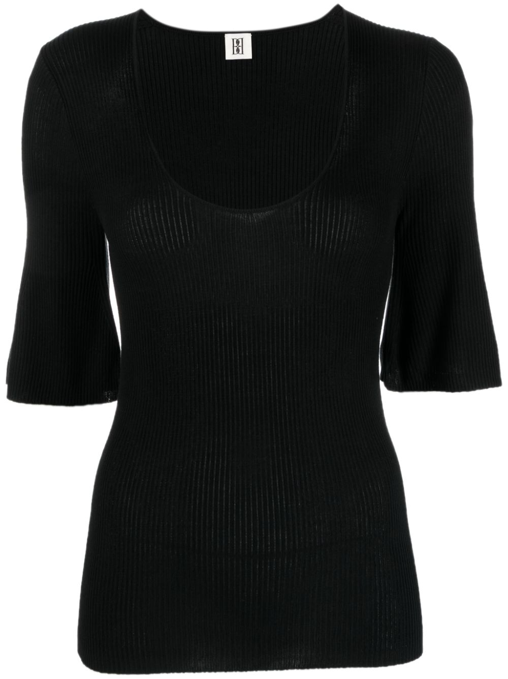 Scoop-neck ribbed-knit T-shirt - Black