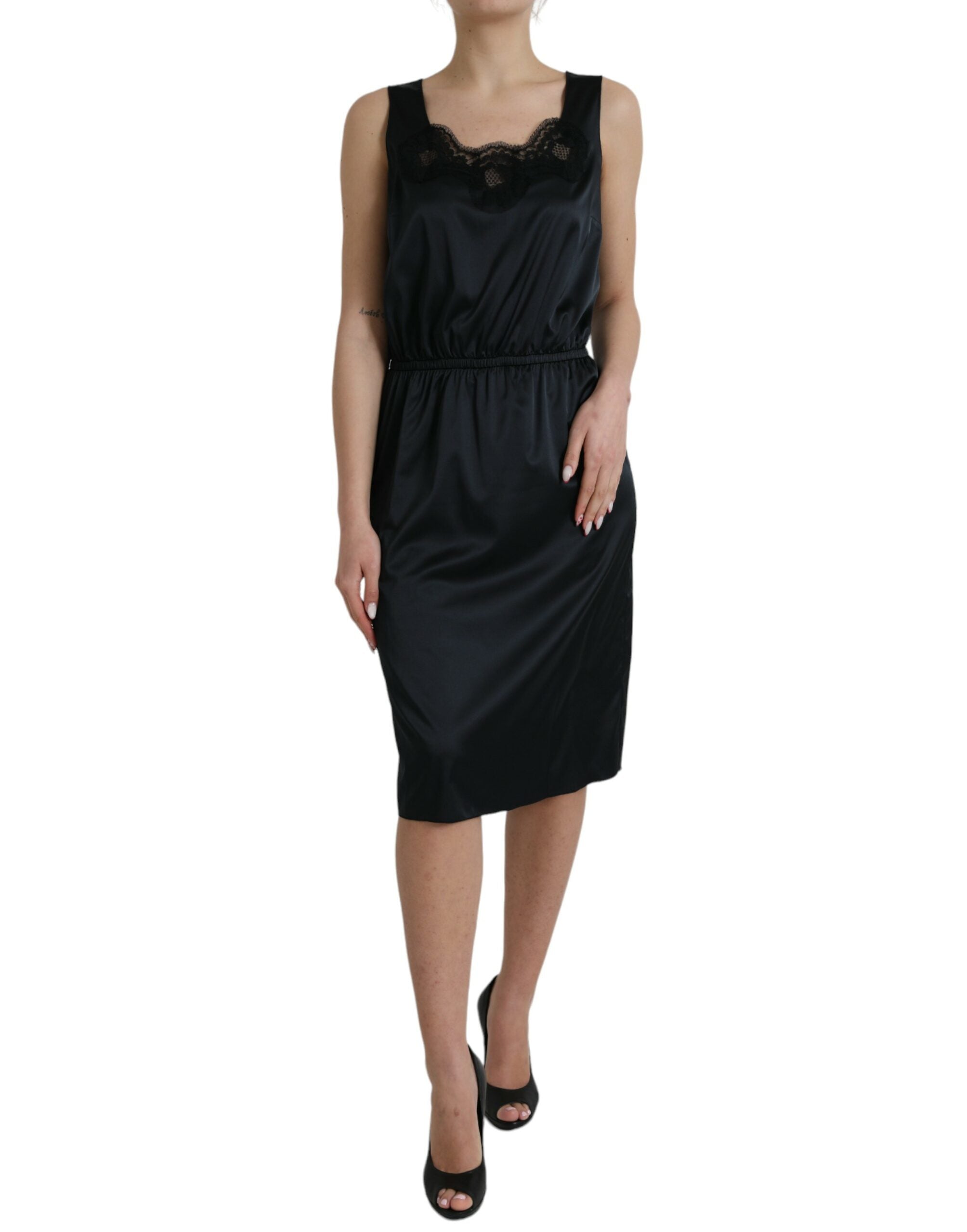 Lace Trim Sheath Midi Dress — Black