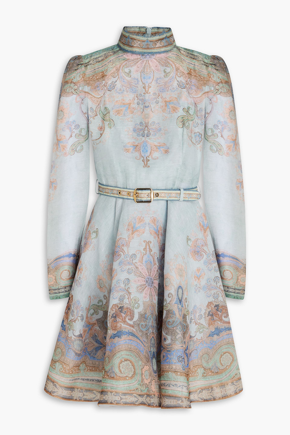 Belted paisley-print linen and silk-blend organza mini dress - Blue - 0