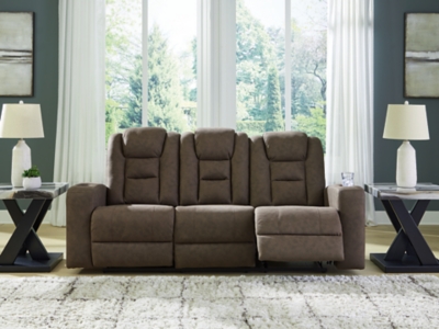 Mayhem Madness Manual Reclining Sofa with Drop Down Table, Cocoa