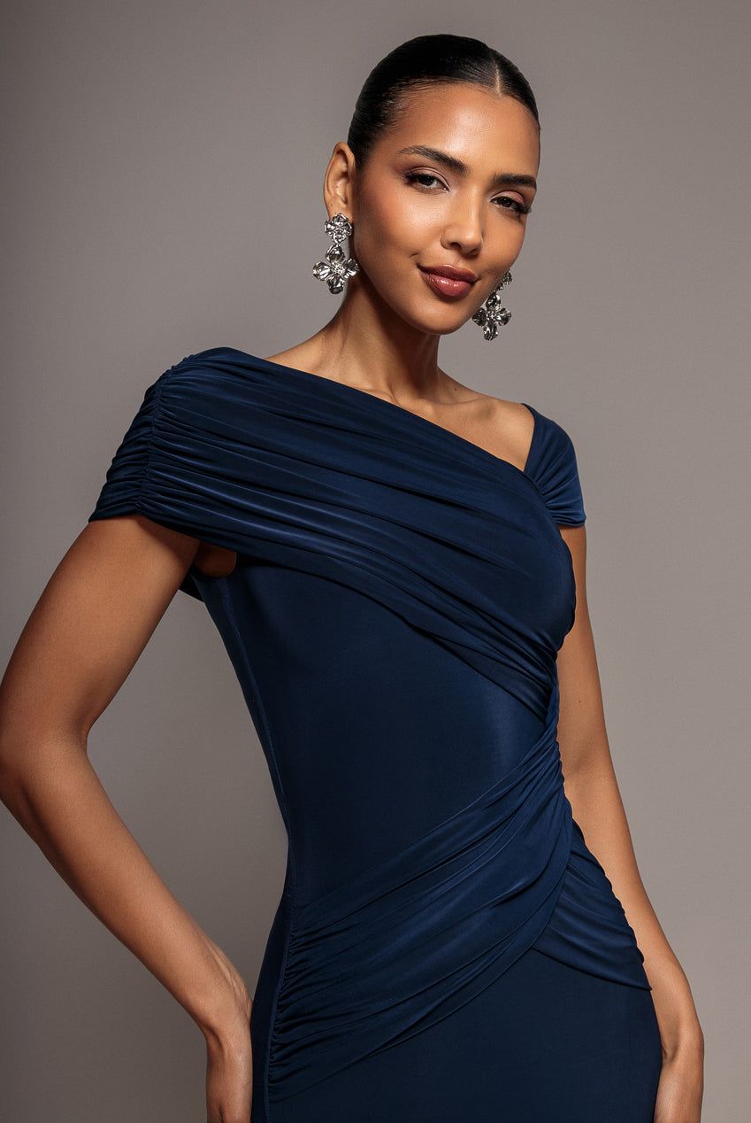 Goddiva Women's Asymmetric Neck Gathered Waist Maxi Dress in Navy