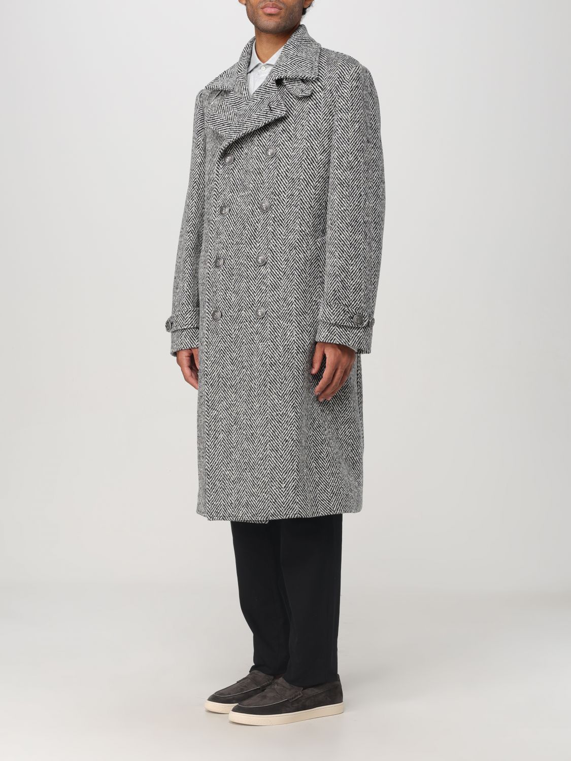 Herringbone-pattern double-breasted coat - Black