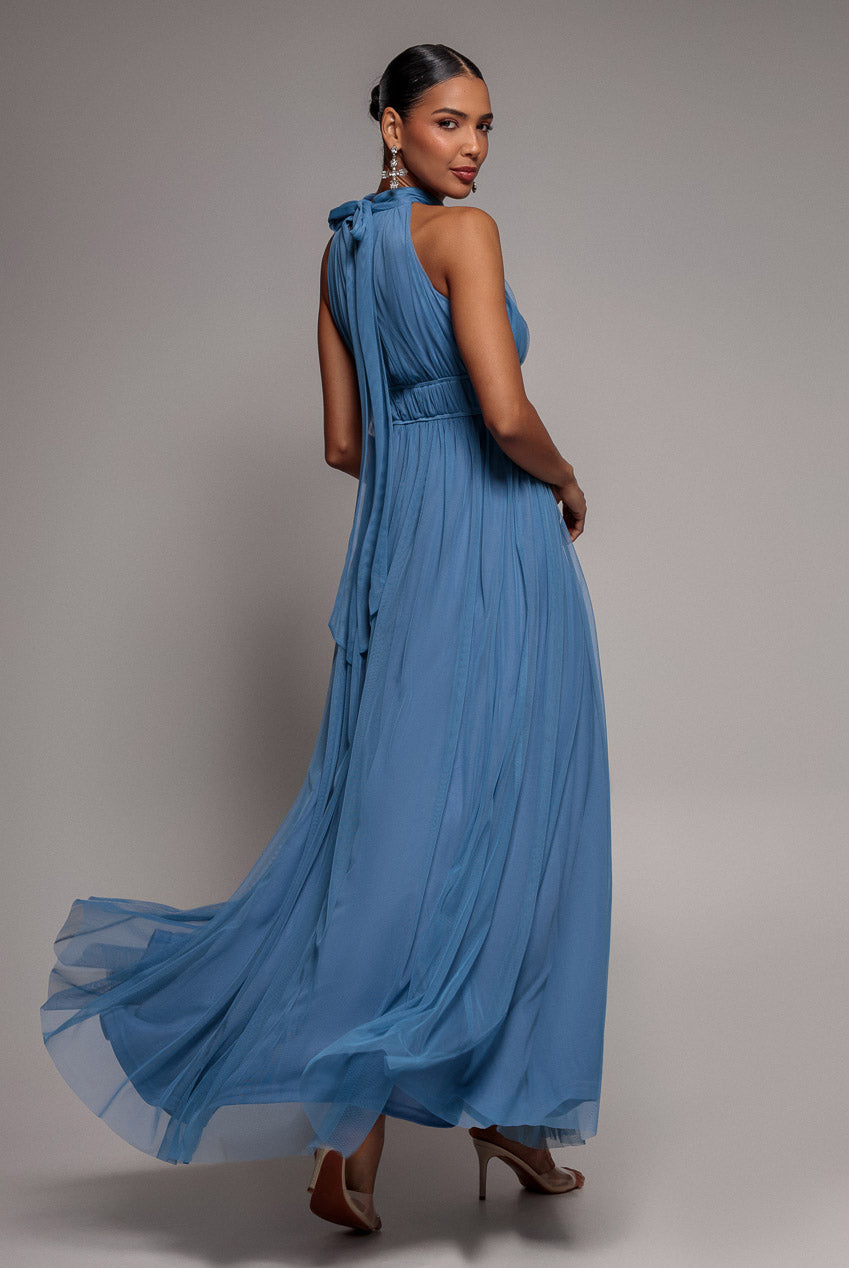 Goddiva Halter Neck Mesh Tie Maxi Dress - Dusty Blue