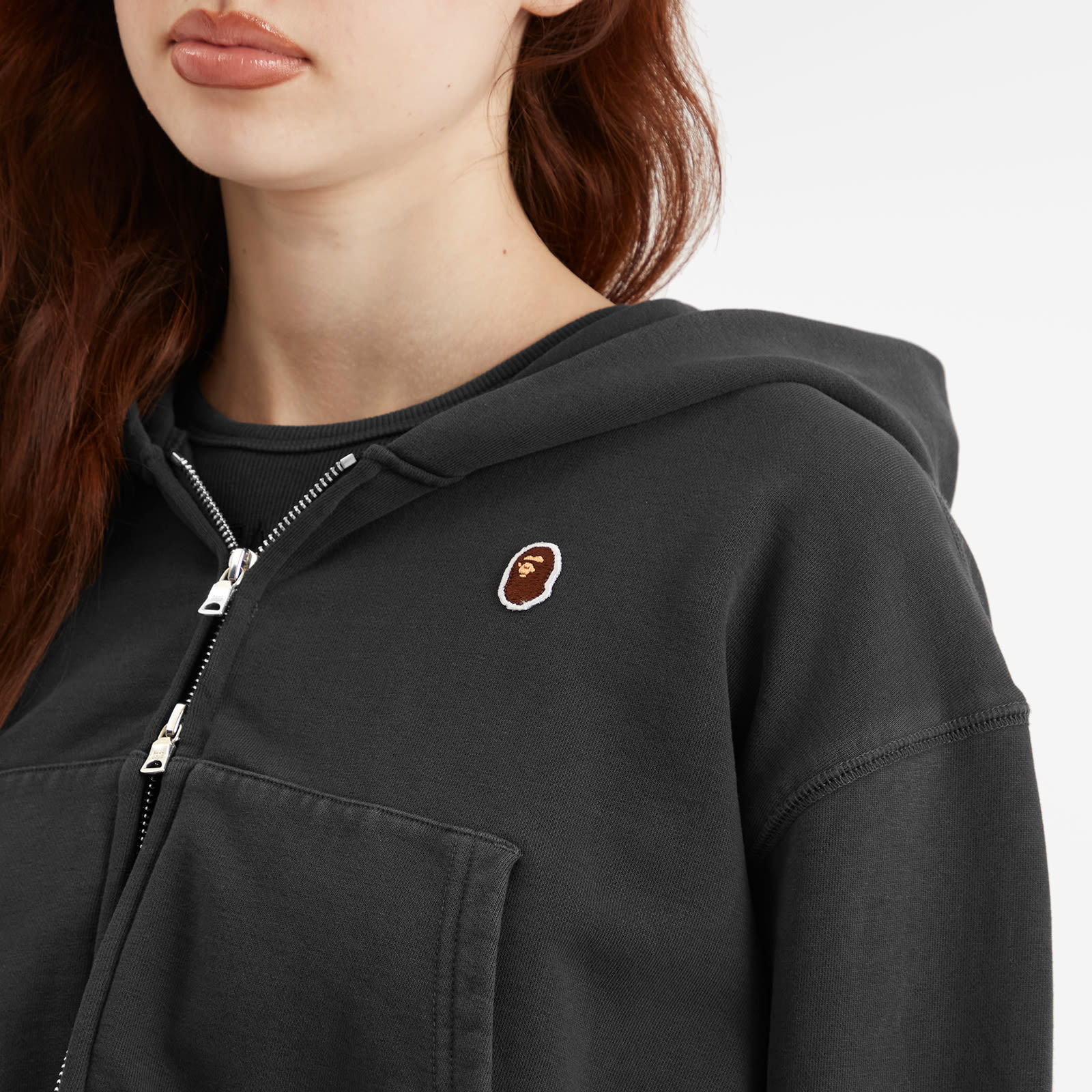 Women's Pigment Dyed One Point Crop Zip Hoodie Black