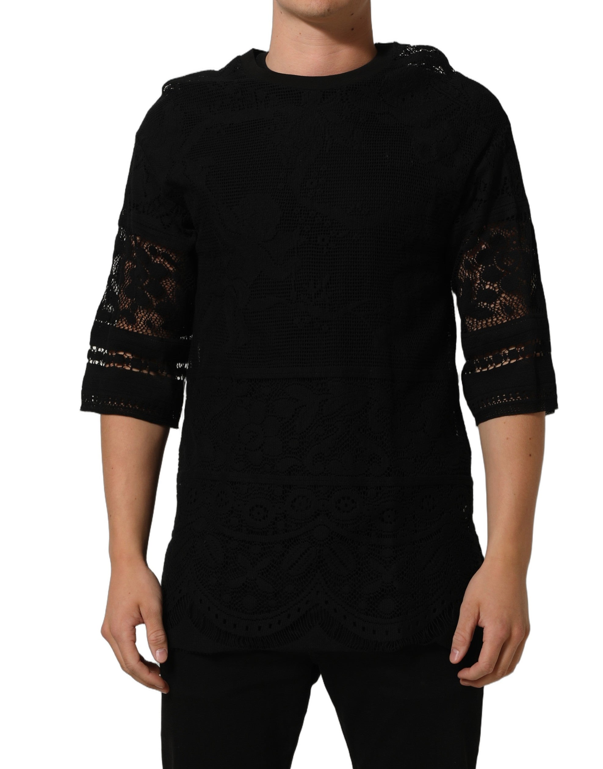 Lace-Trimmed Cotton T-Shirt — Black