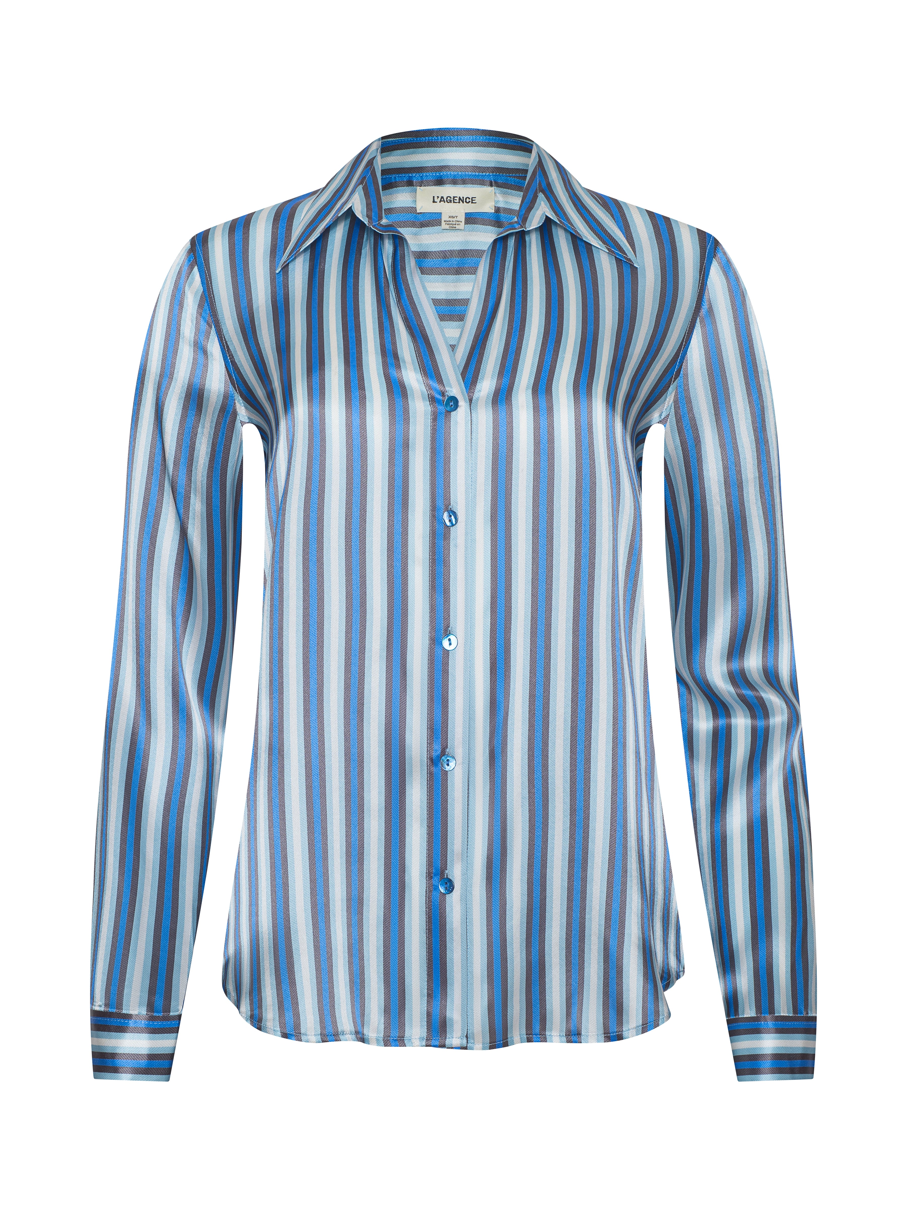 Tyler Silk Blouse Top In Blue Multi Herringbone Stripe