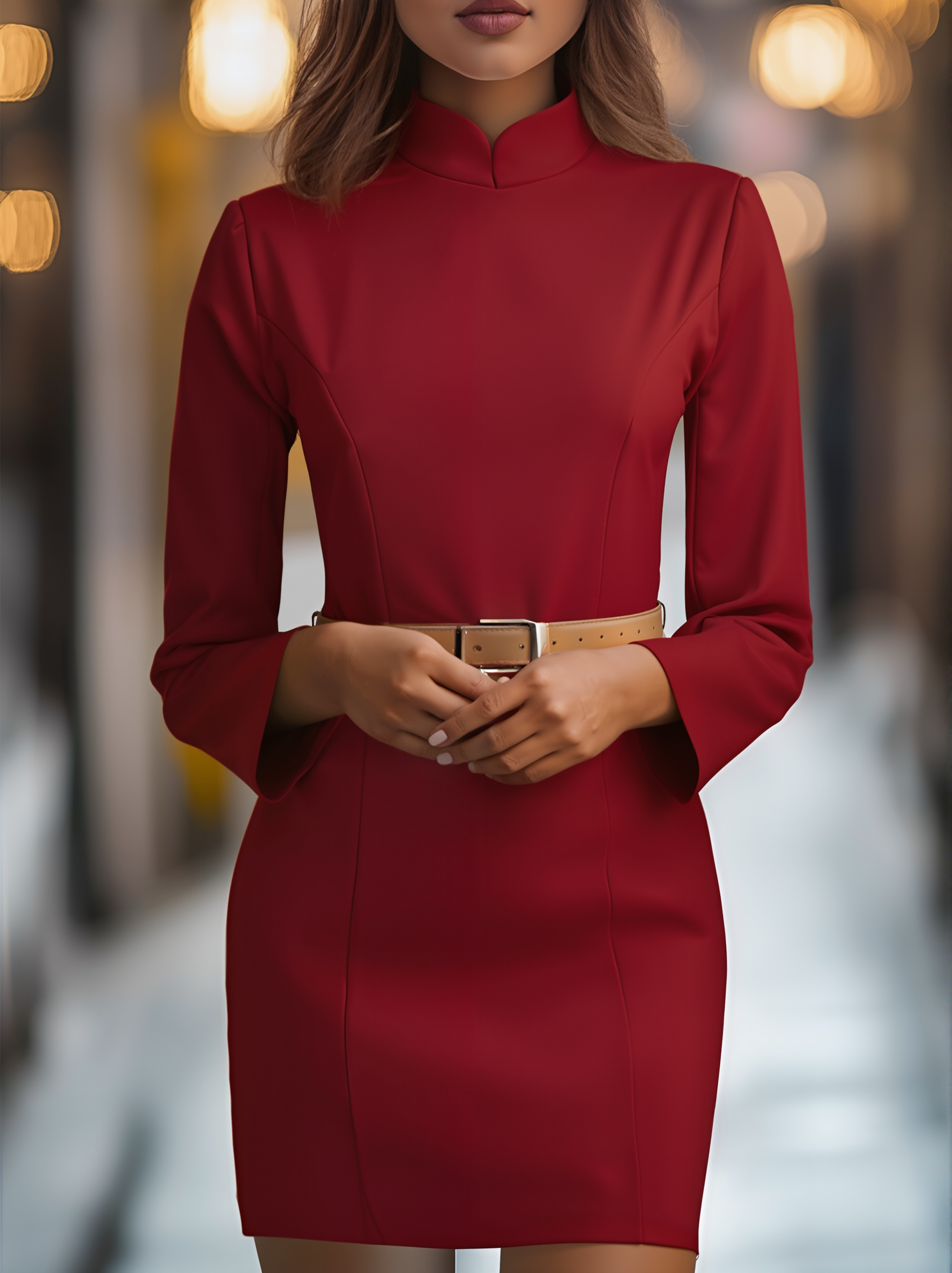 Elegant White Mandarin Collar Dress with Belt Design - Red