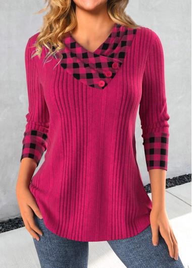 Modlily Light Yellow Patchwork Plaid Long Sleeve T Shirt
