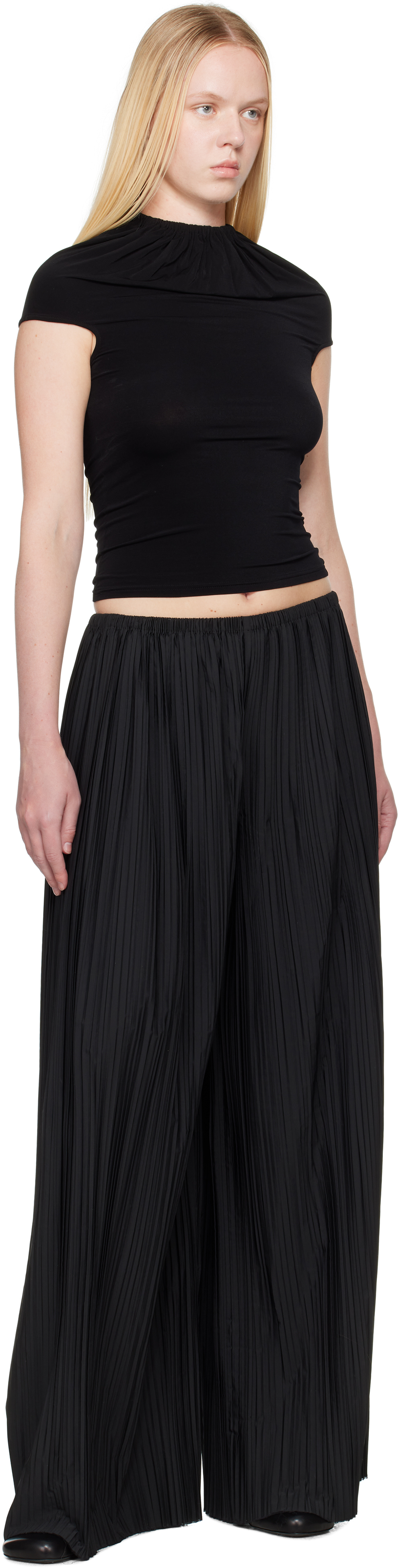 ALAINPAUL Black Gathered Neck Tank Top
