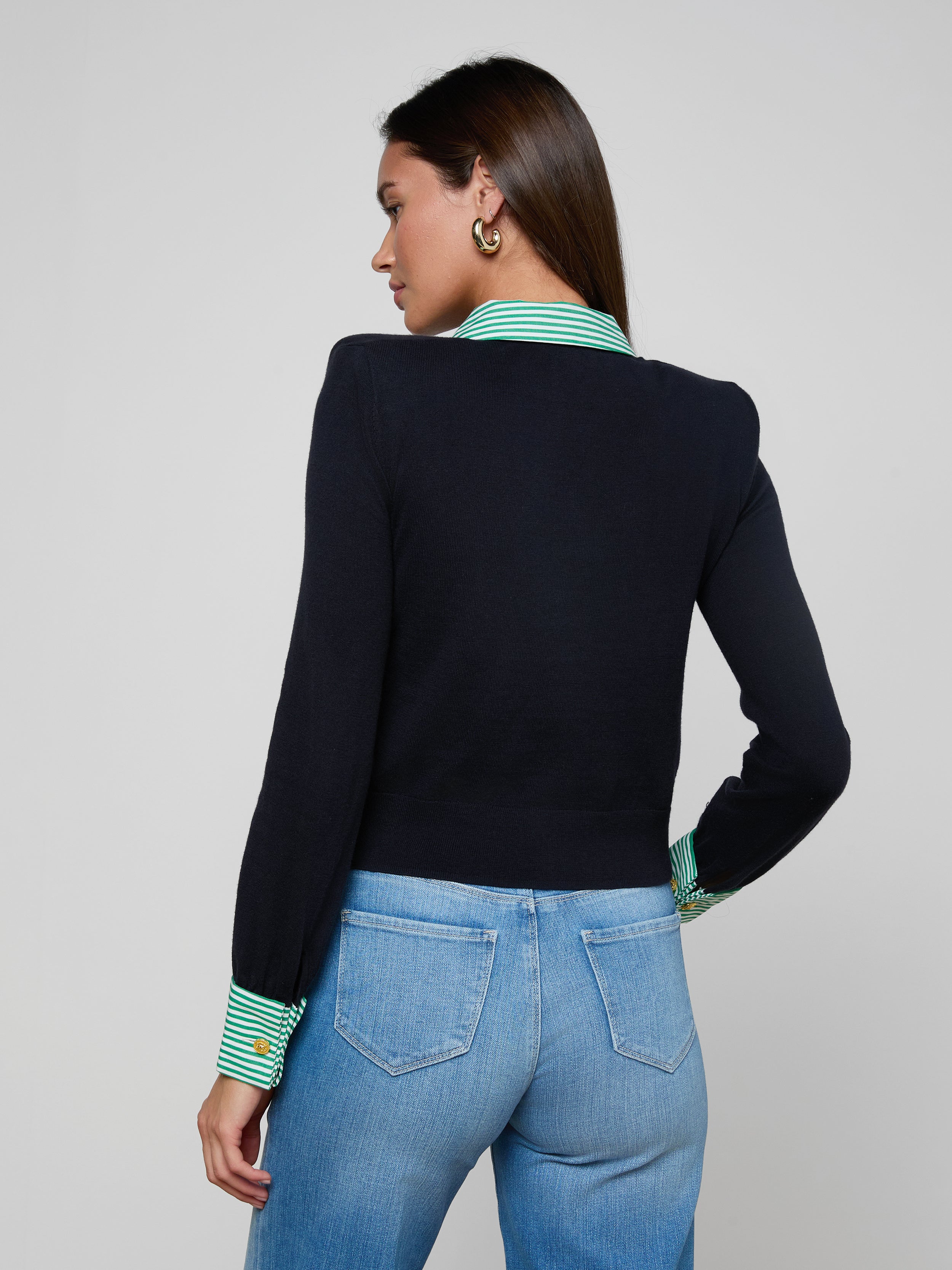April Poplin Collar Pullover In Dark Navy/green White Stripe