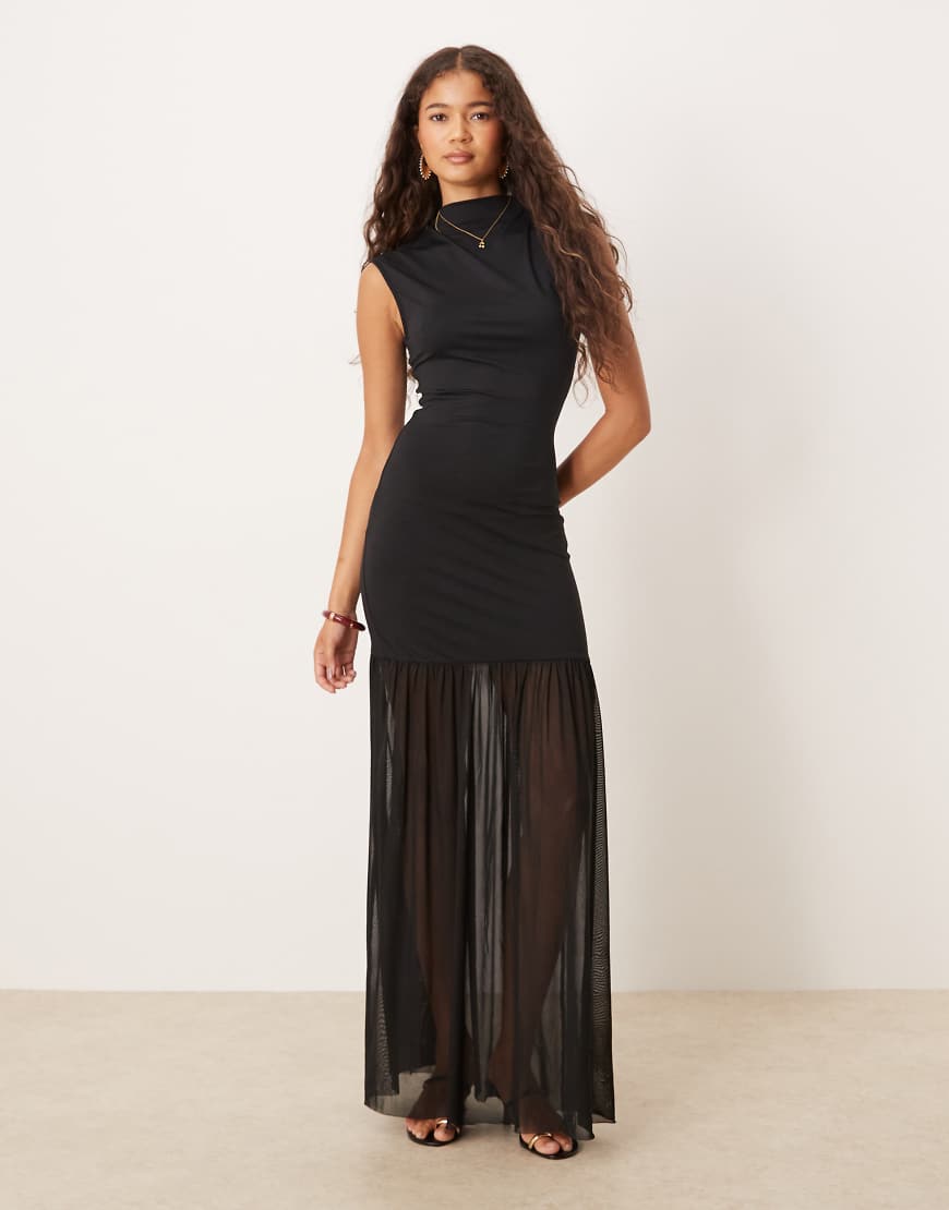 High neck detail maxi dress with mesh skirt in black
