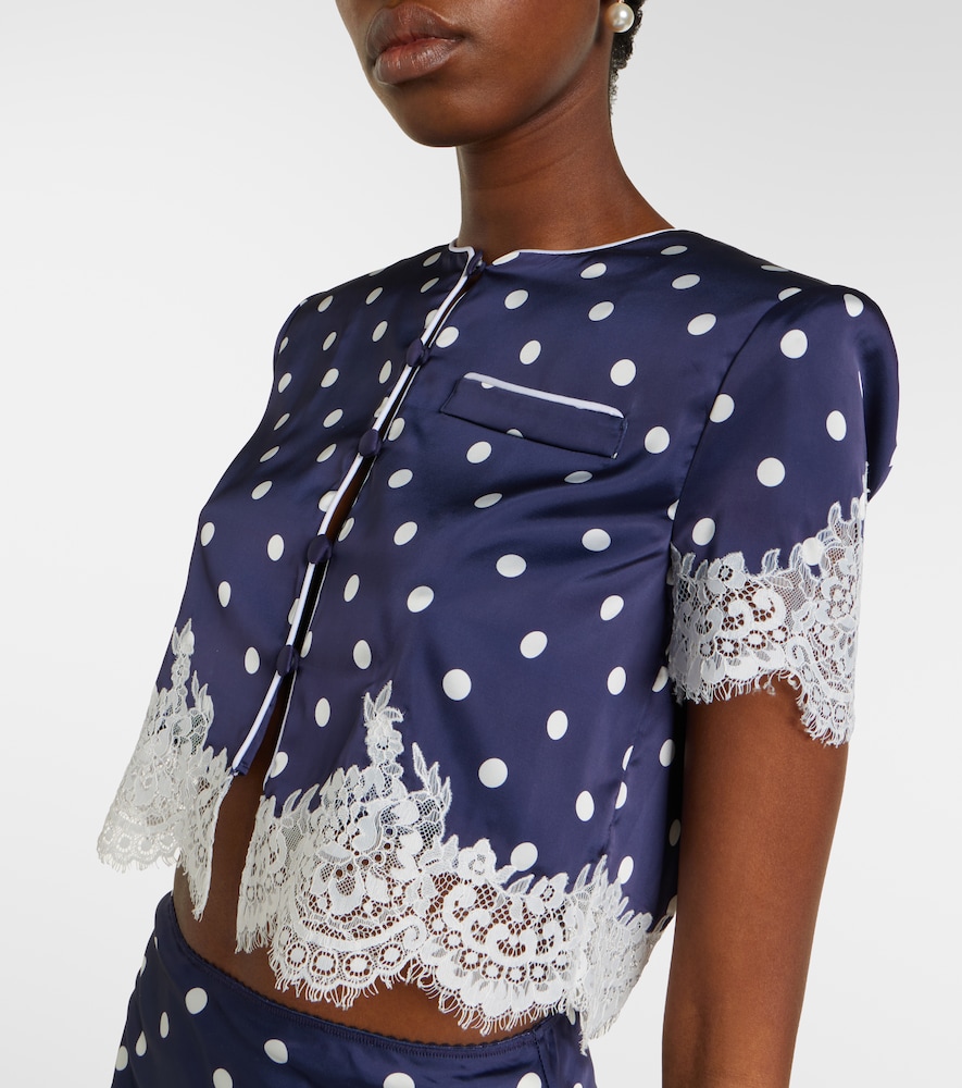 Lace-trimmed polka-dot satin crop top