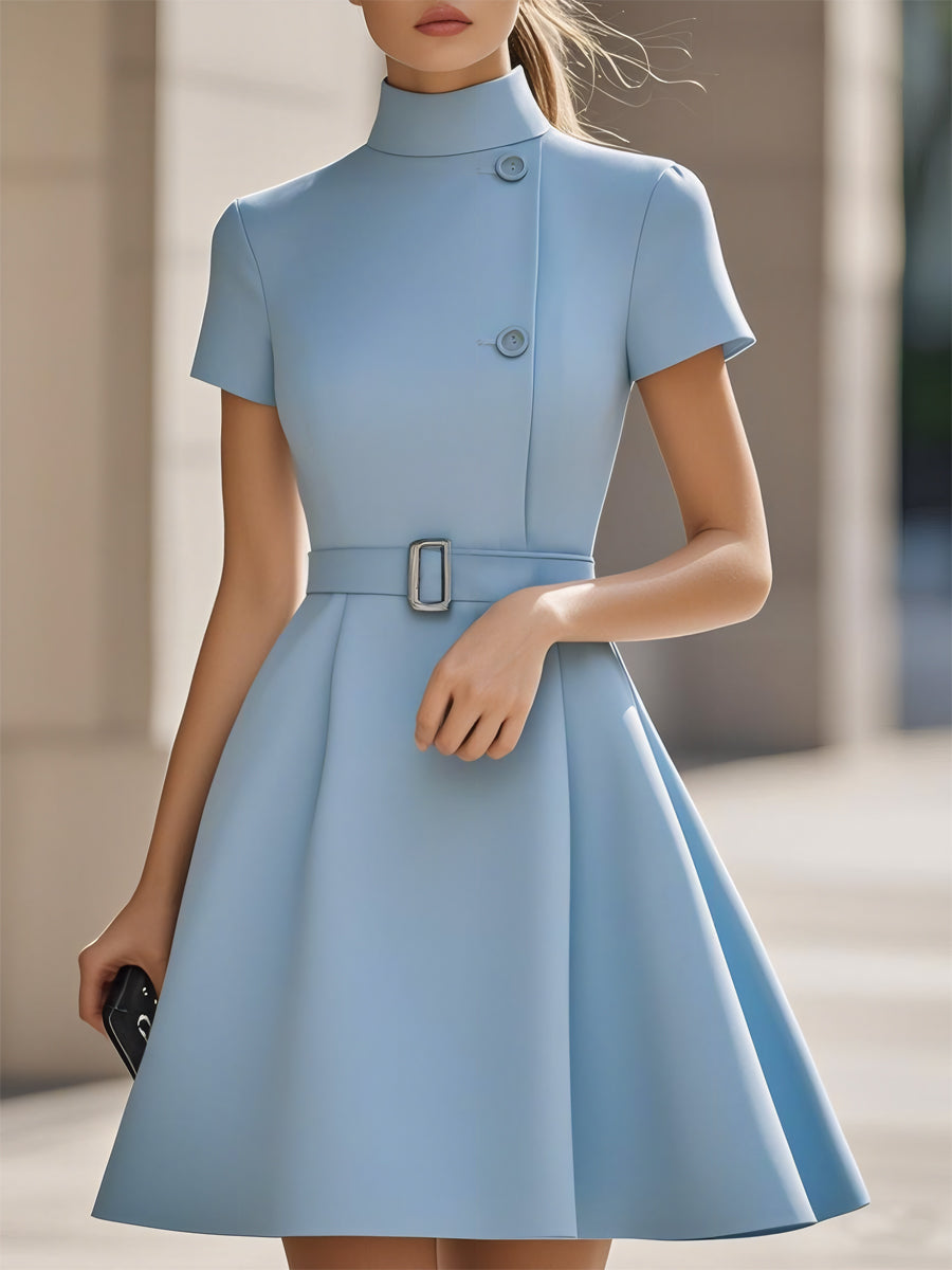 Elegant Black High-Neck Dress with Belted Waist - Blue