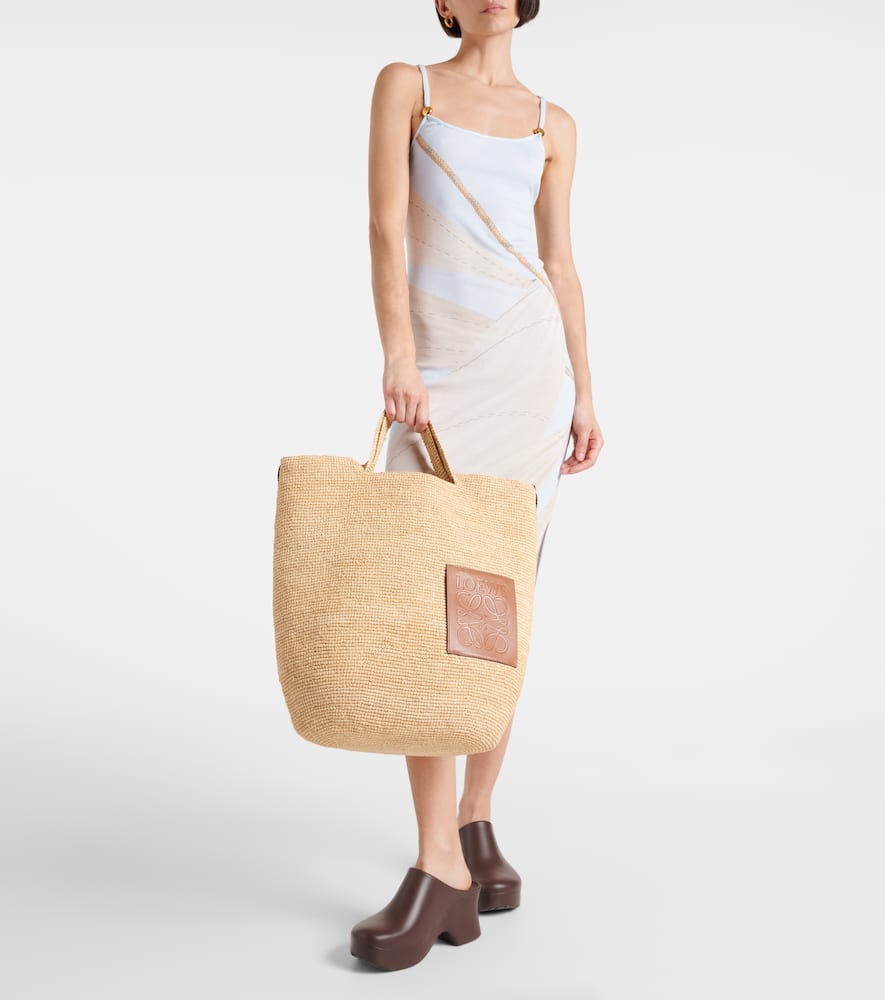 Large leather-trimmed raffia tote bag