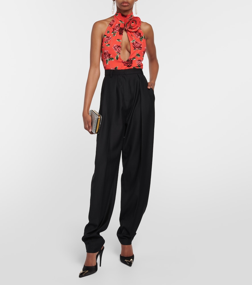 Floral-appliqué cutout halterneck top