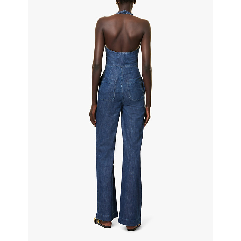 Womens Medium Blue Denim Plunge-neck Flared-leg Chambray Jumpsuit