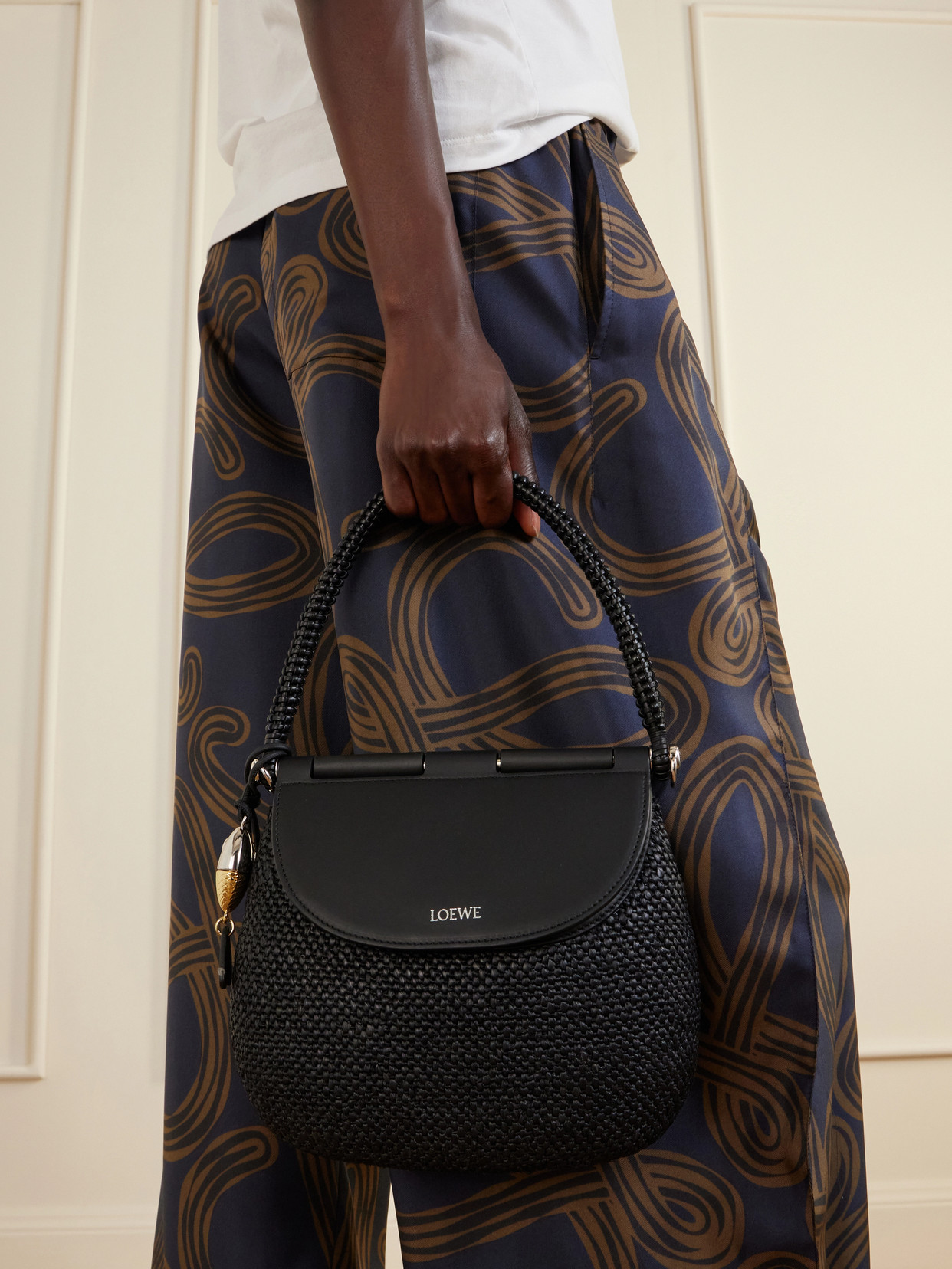 + Paula's Ibiza Pescador Medium Embellished Leather-trimmed Raffia Shoulder Bag - Black