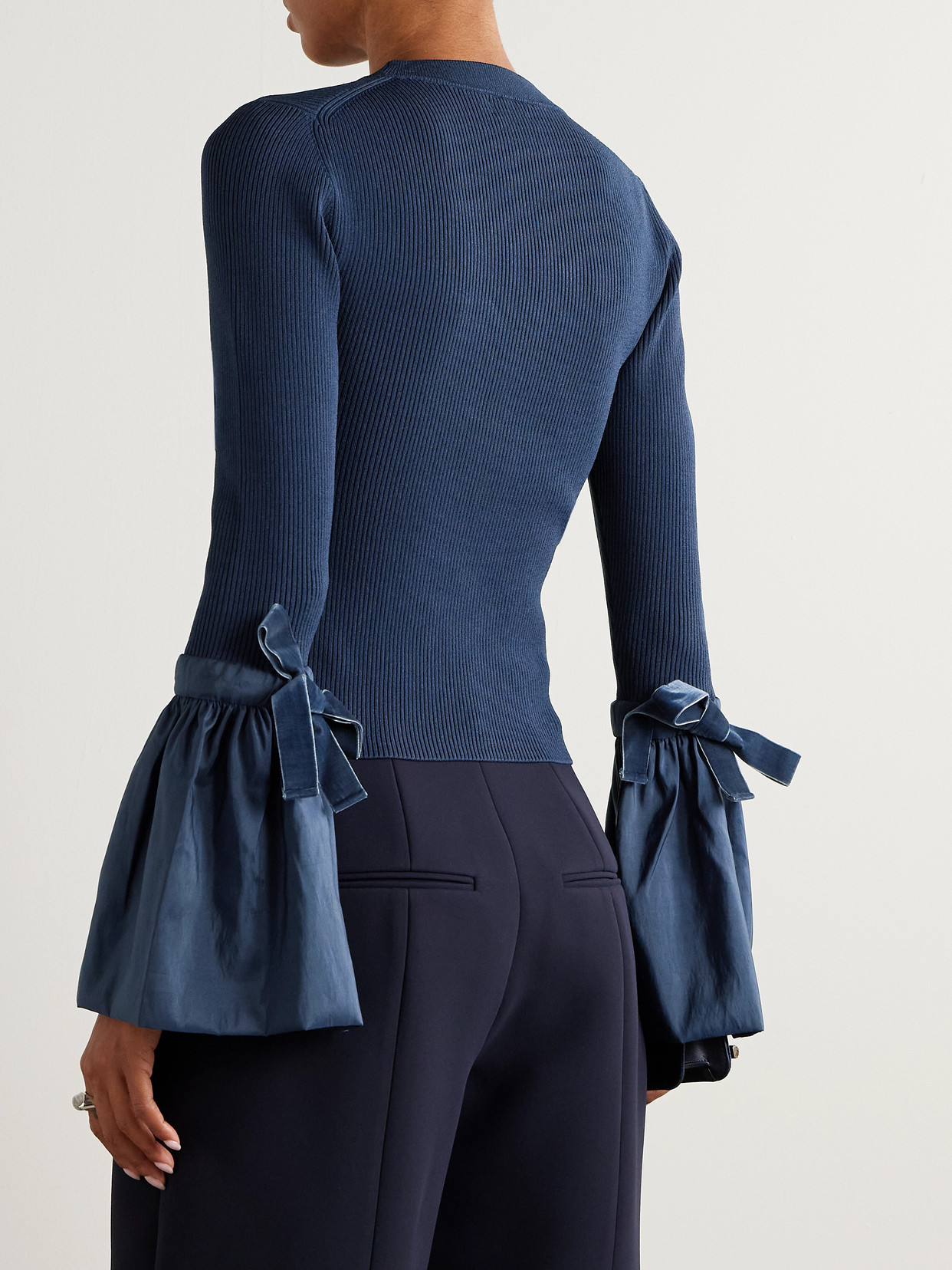 Agata Taffeta-trimmed Ribbed-knit Sweater - Blue