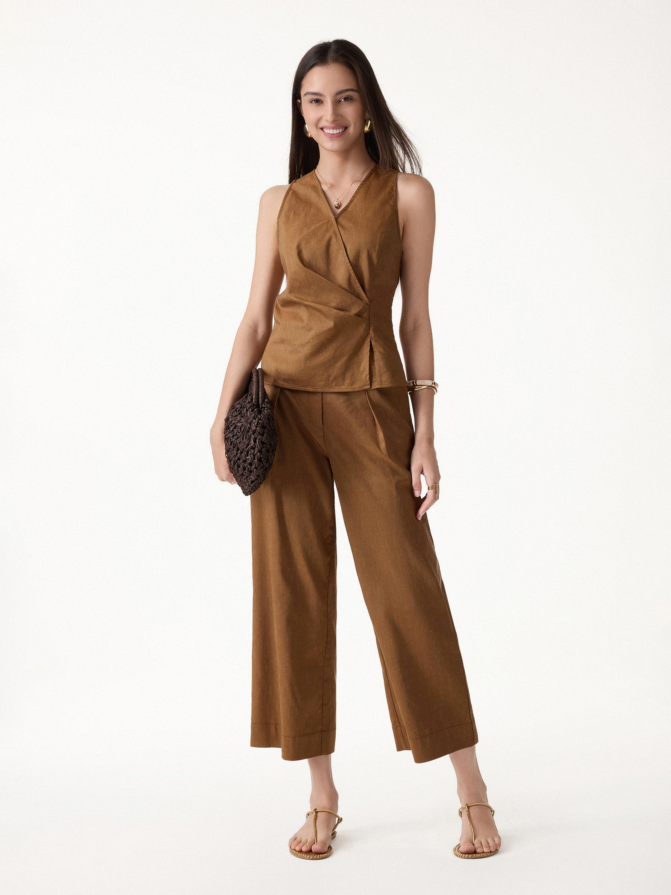 2Pcs Set Top with Side Twist & Cropped Wide Leg Pants - Tree Brown / XS