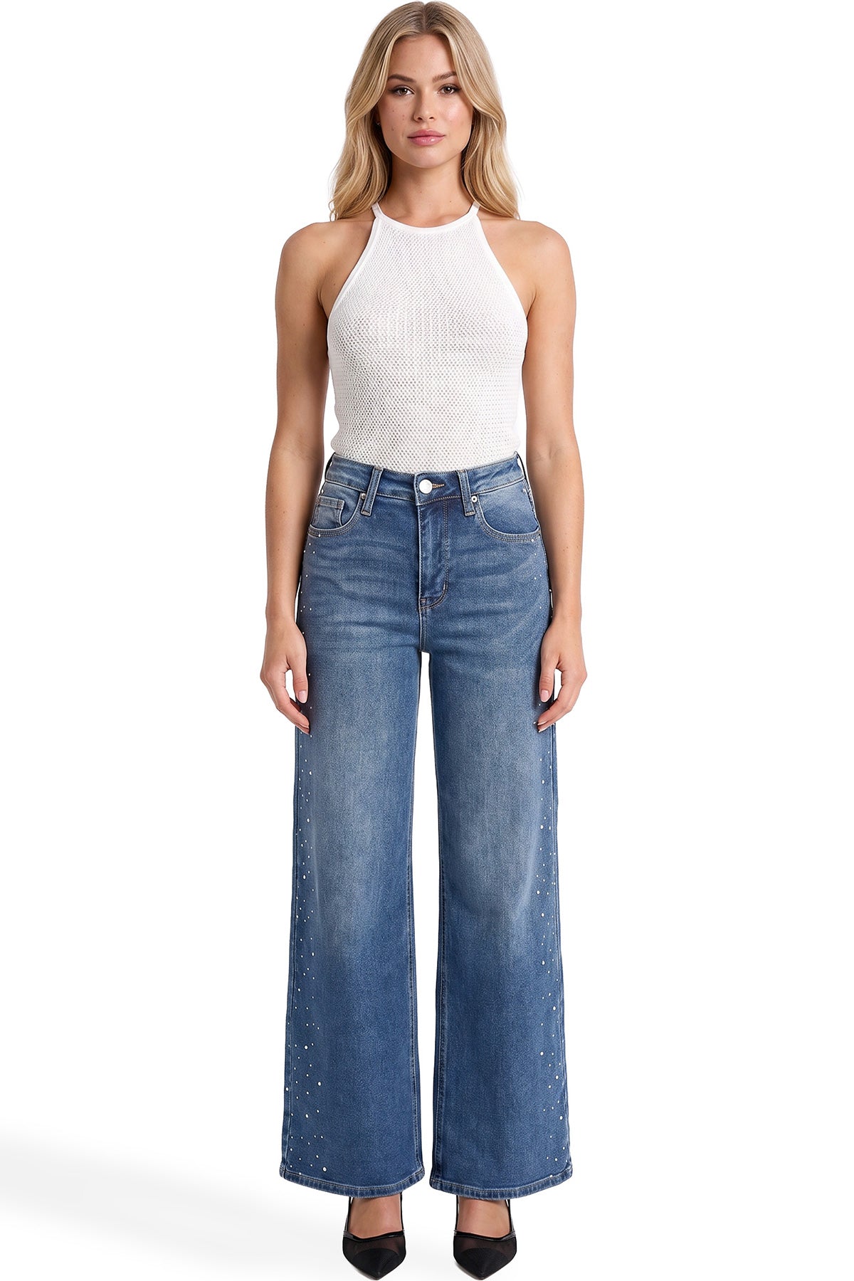 Plus Chloe High Rise Wide Leg Jeans with Rhinestones