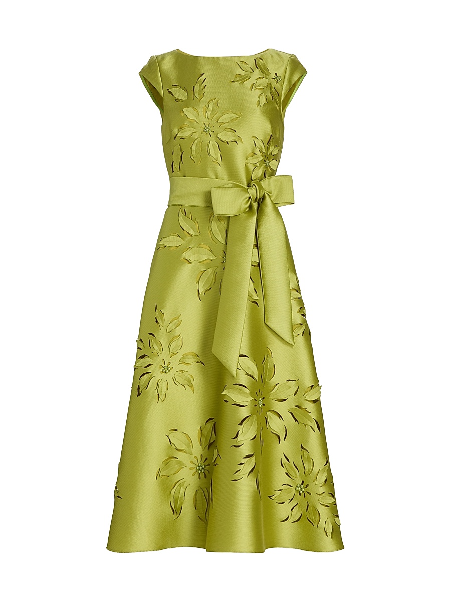 Women's Lasercut Floral Tie Waist Midi-Dress - Chartreuse