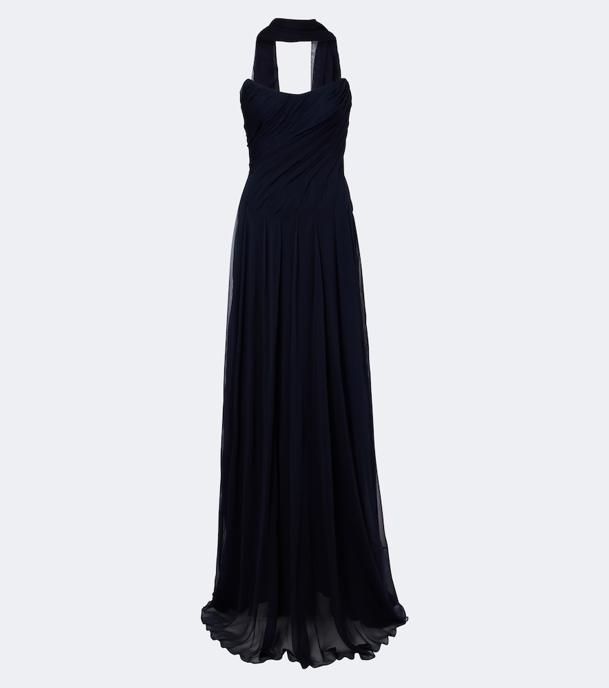 Scarf-detail draped silk bustier gown