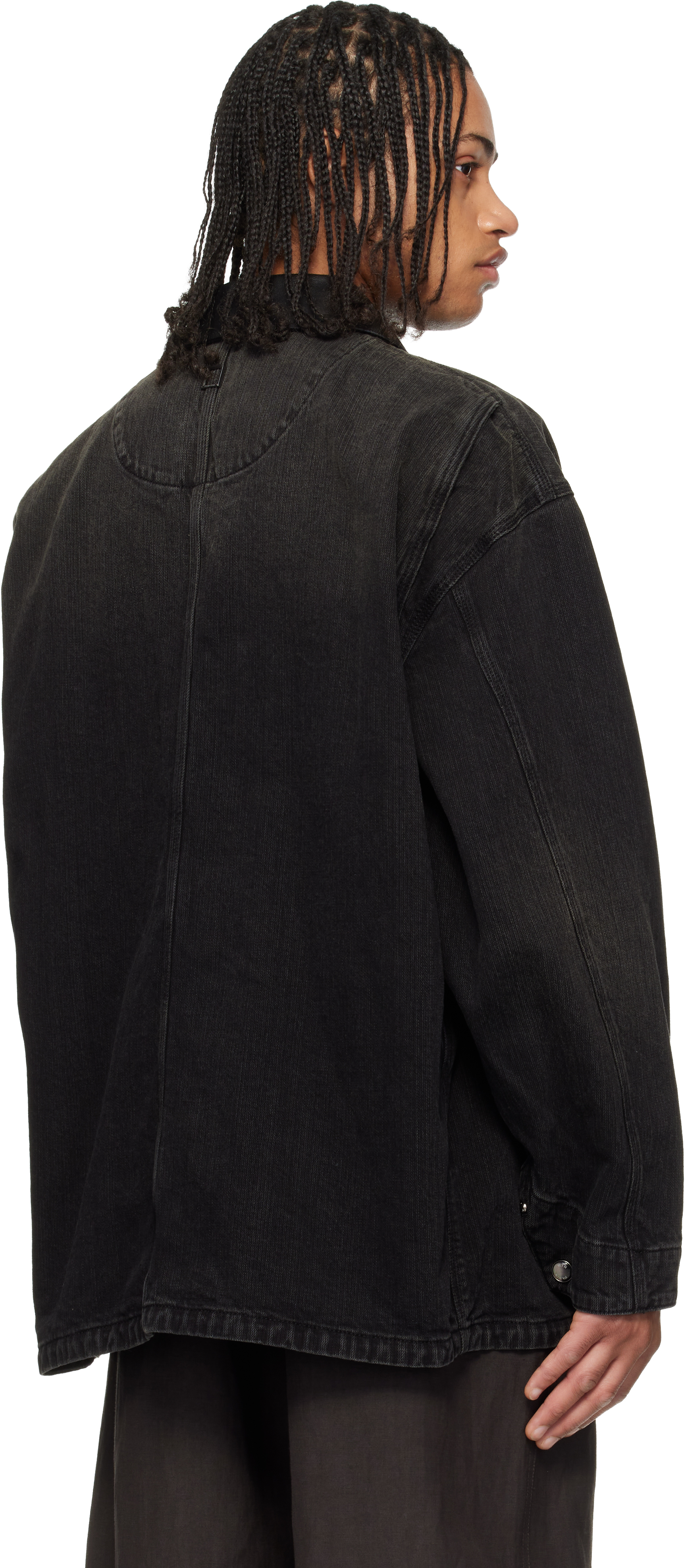 Black Leather Collar Tin-washed Denim Coat