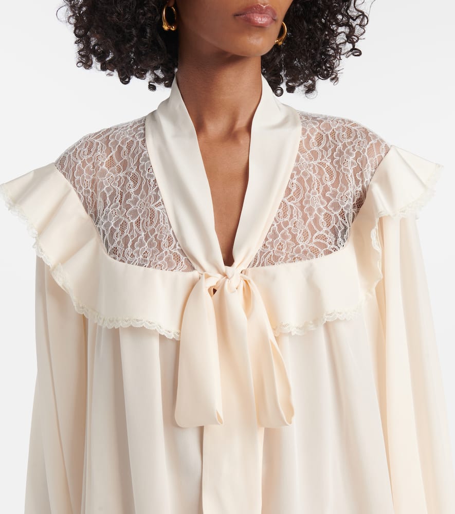 Bow-detail lace-trimmed silk blouse