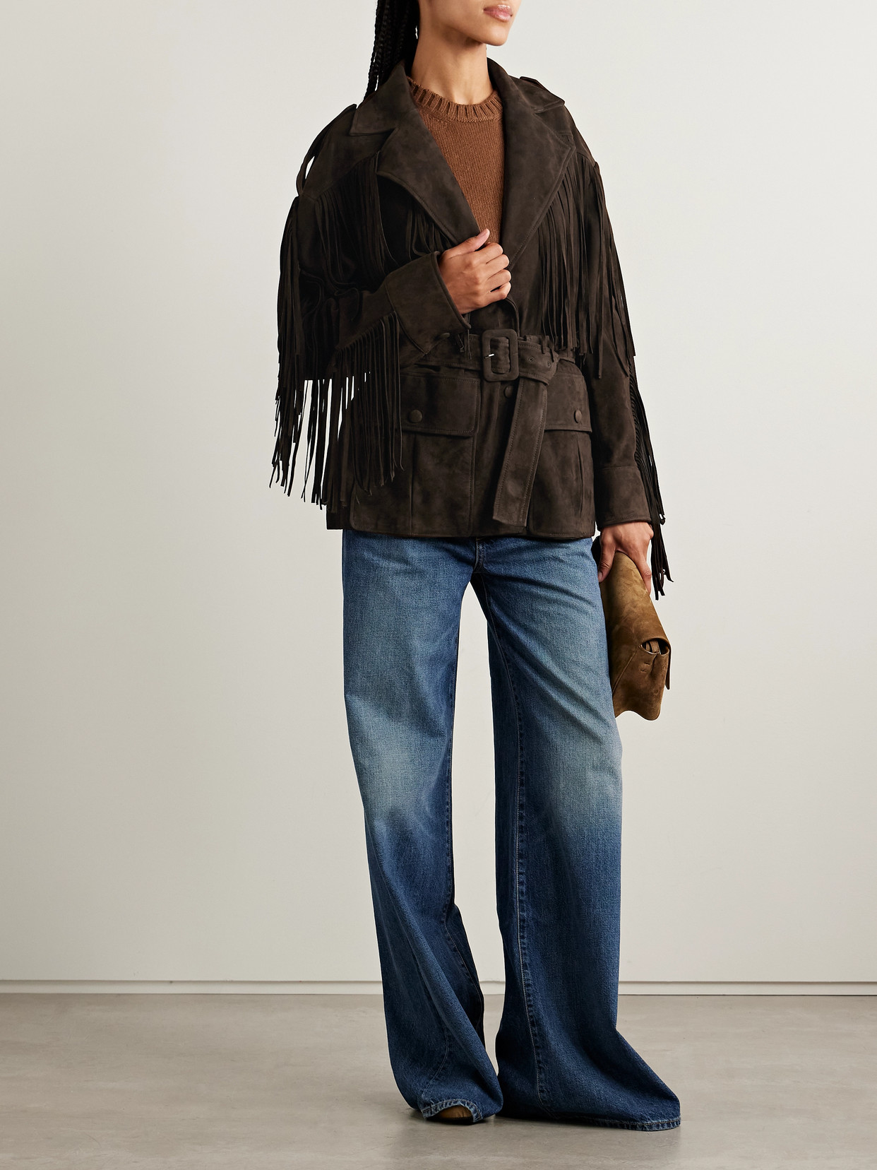 Cassidy Belted Fringed Suede Jacket - Brown