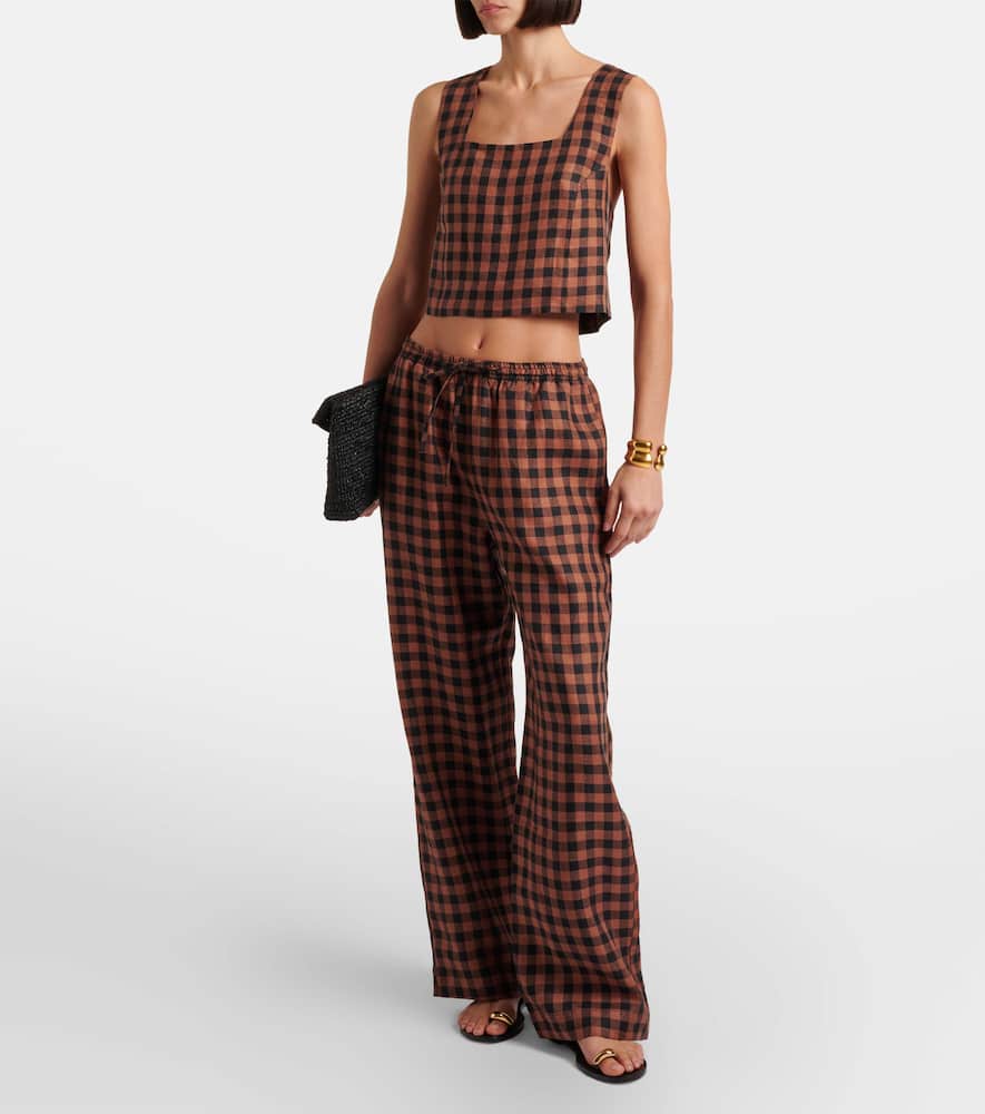 Checked linen wide-leg pants