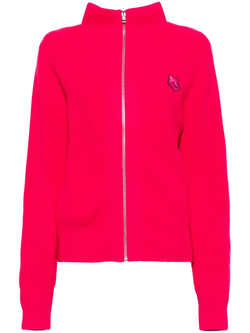 Bold fox head patch ribbed zipped cardigan - Pink