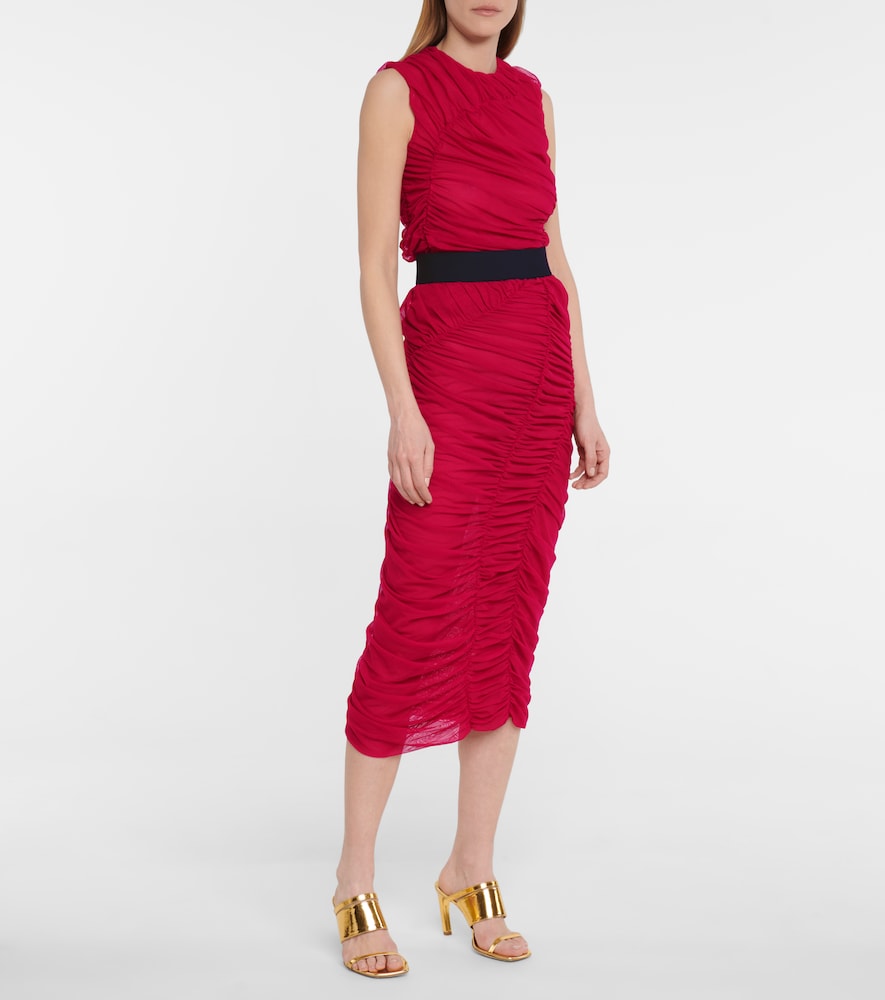 Ruched mesh midi skirt