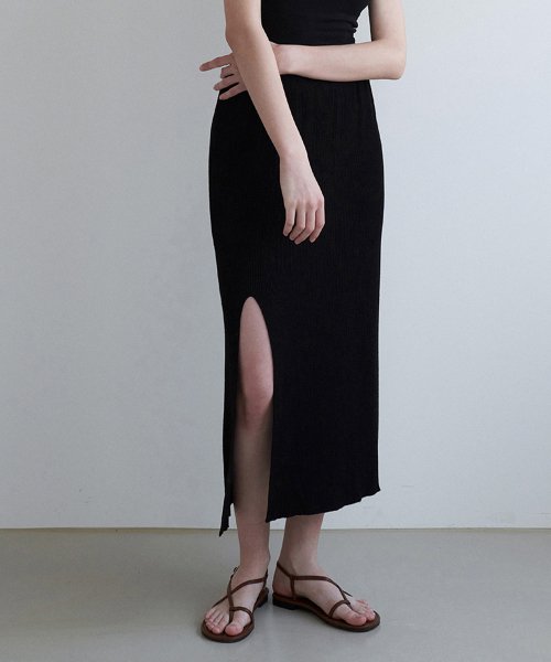 Ribbed Slit Midi Skirt
