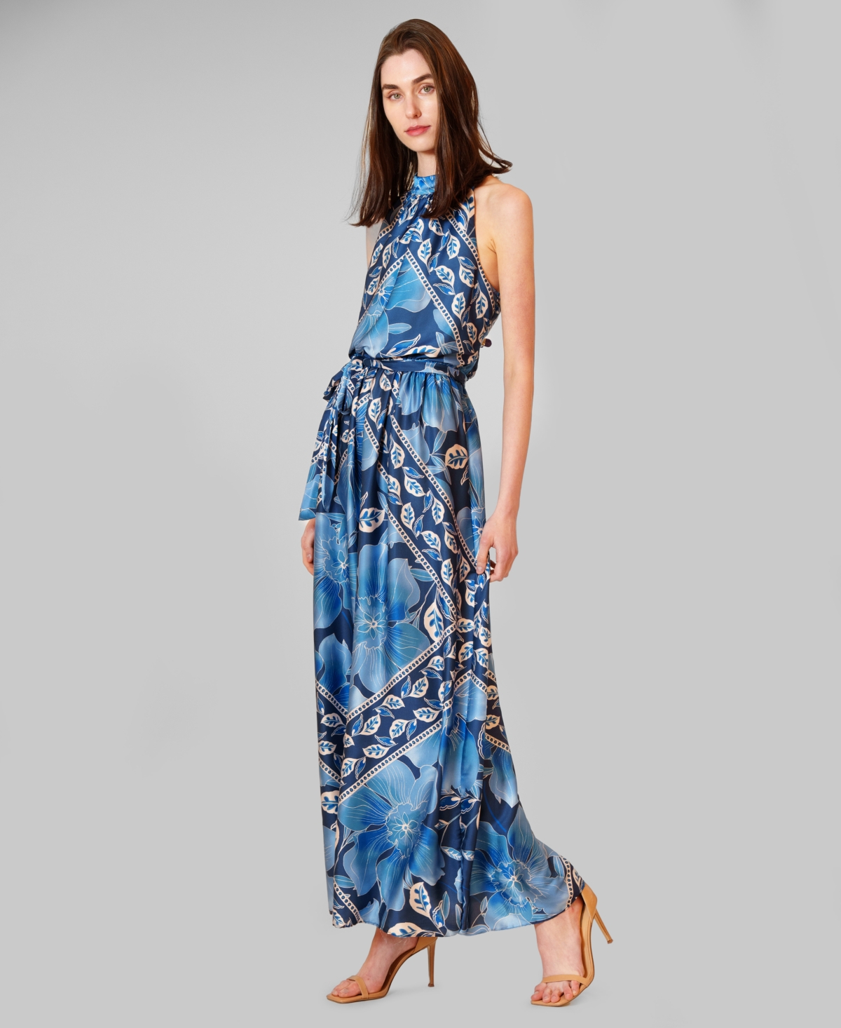 Women's Printed Satin Halter Neck Maxi Dress - BLUE MULTI
