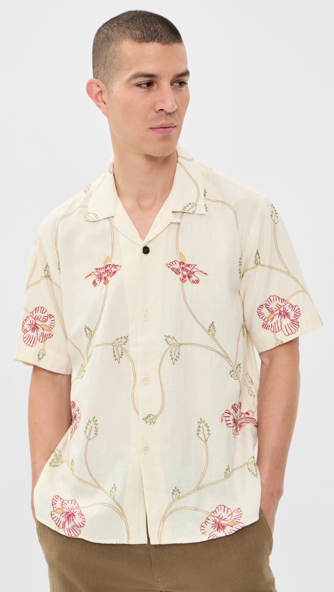 Ronen Hand Embroidered Floral Shirt Natural