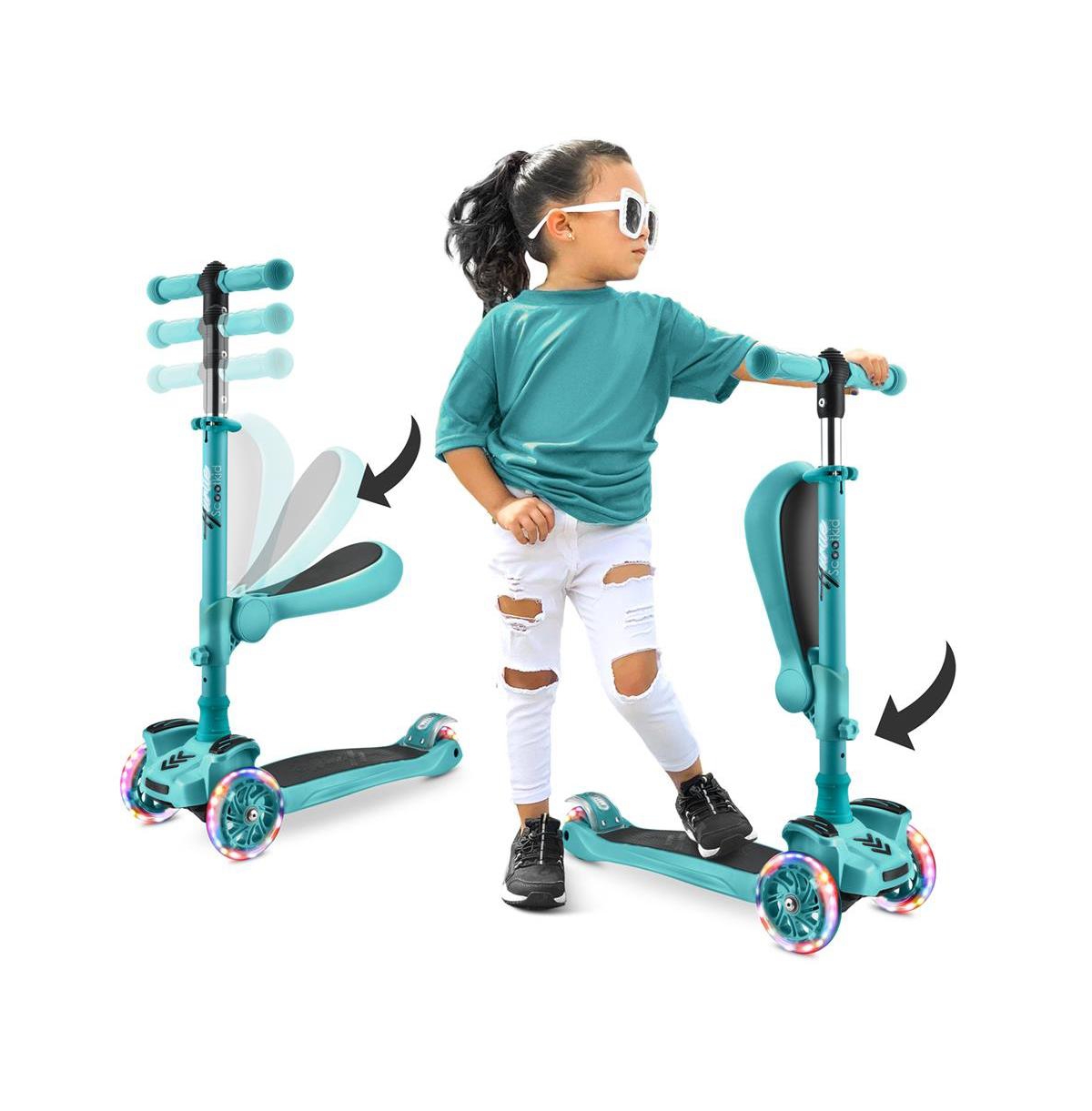 Kids Scooter - Child Toddler Kick Scooter Toy with Foldable Seat - 3 Wheel Scooter with Adjustable Height, Anti-Slip Deck, Flashing Wheel Light