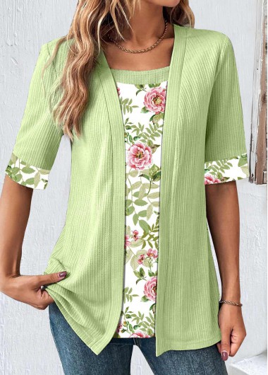 Modlily Avocado Green Patchwork Floral Print Fake Two Piece Twinset