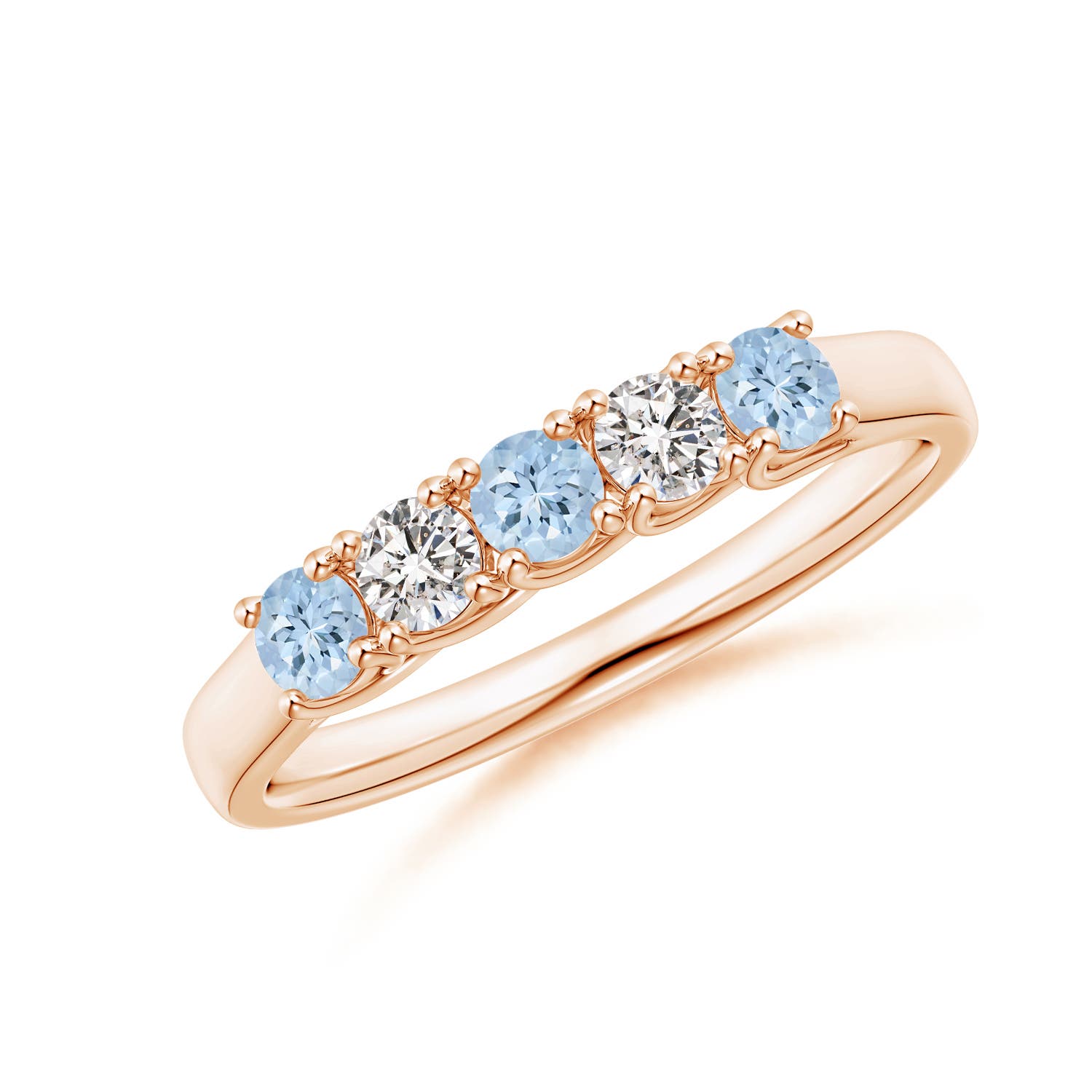 Angara 0.24 Carat Half Eternity Five Stone Aquamarine and Diamond Wedding Ring in 18K Rose Gold