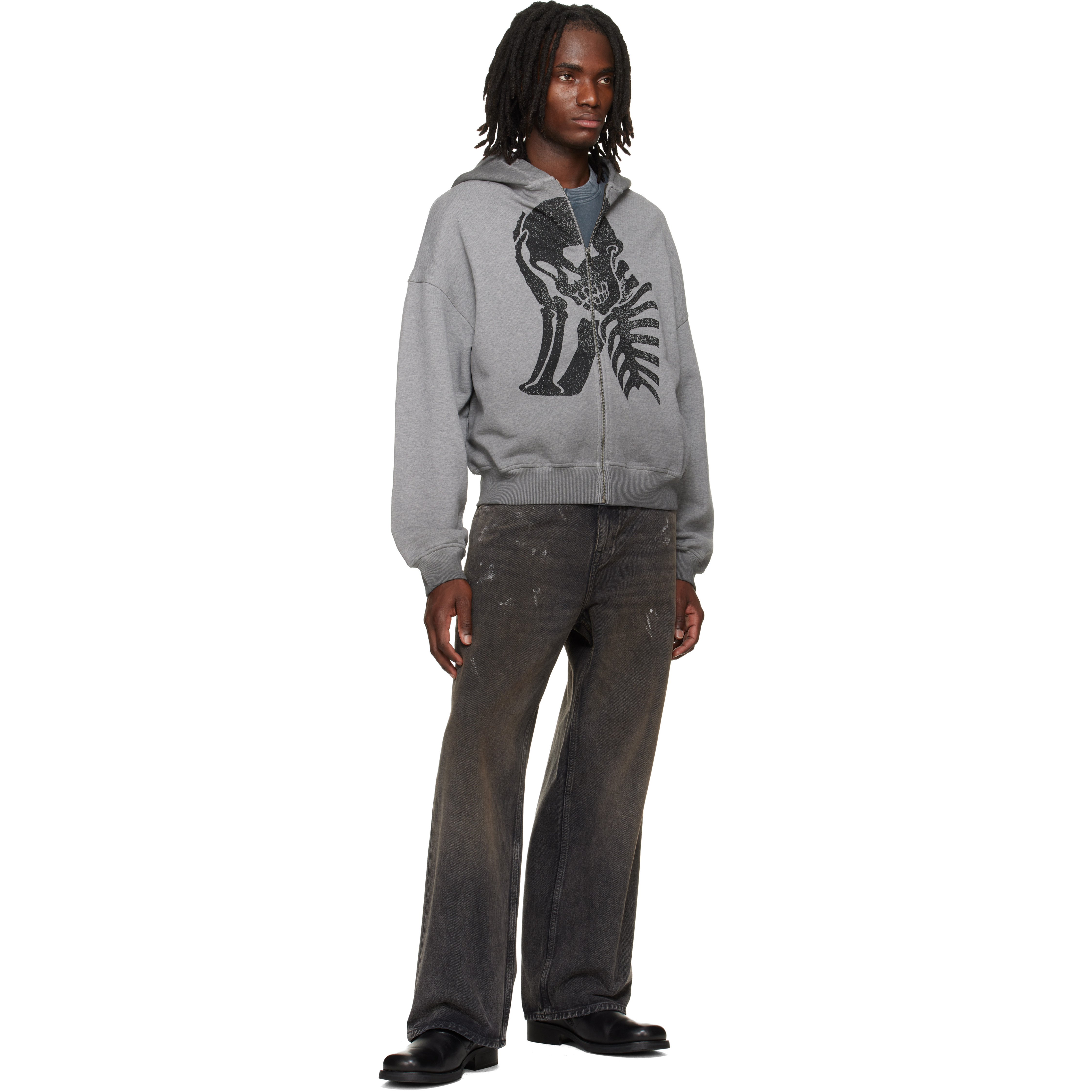 Gray Skull Zipped Loose Hoodie