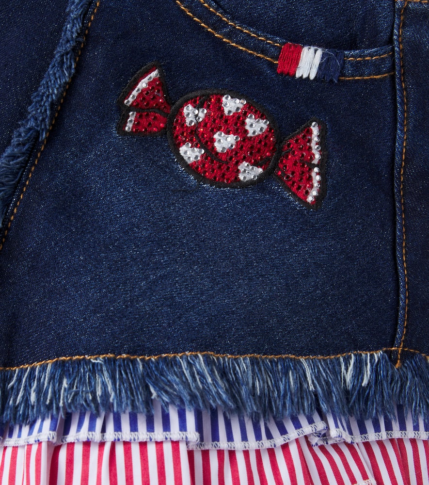 Embellished fringed denim shorts