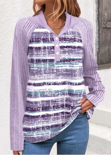 Modlily Light Purple Button Striped Long Sleeve Hooded Sweatshirt