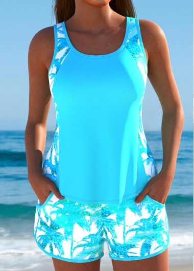 Modlily Mid Waisted Tropical Plants Print Cyan Tankini Set