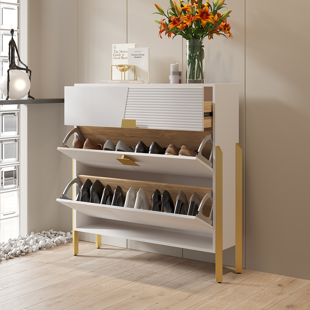 Modern Entryway White Shoe Storage for 10 Pairs Shoes Narrow Shoe Cabinet with 2 Flip Doors & 1 Drawer