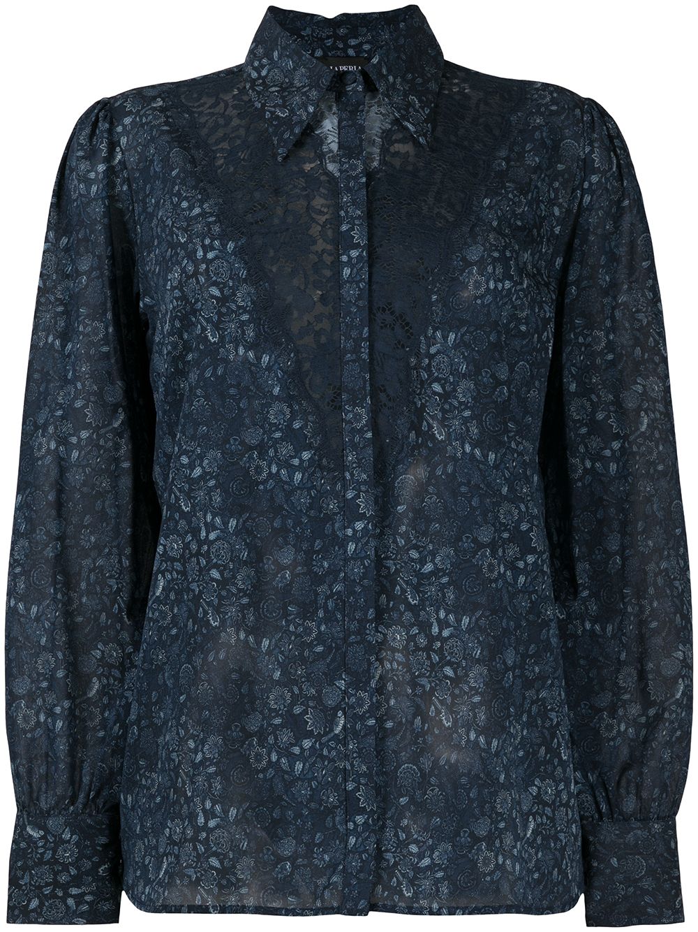 Lace-trimmed semi-sheer top - Blue