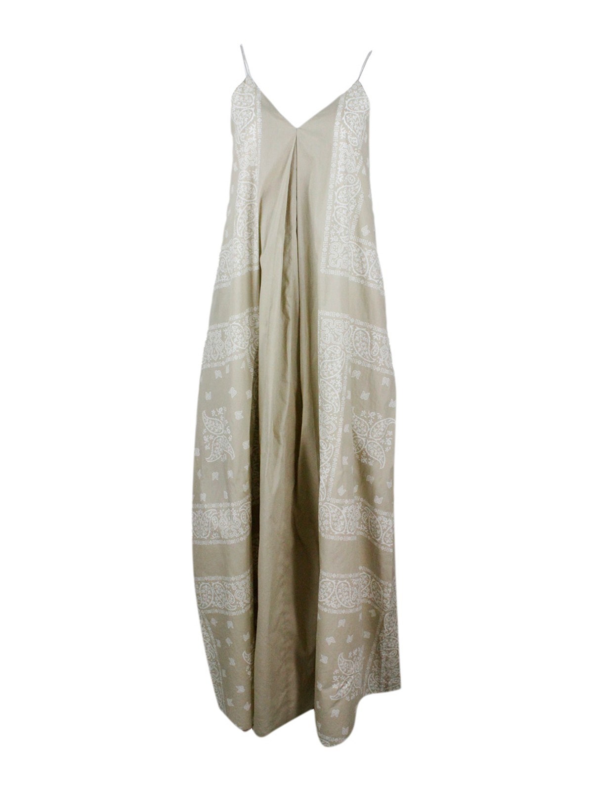 Long Dress In Cotton With Bandana Fantasy Print From The Asymmetrical A-line With Shoulder Straps In Rows Of Brilliant Jewels