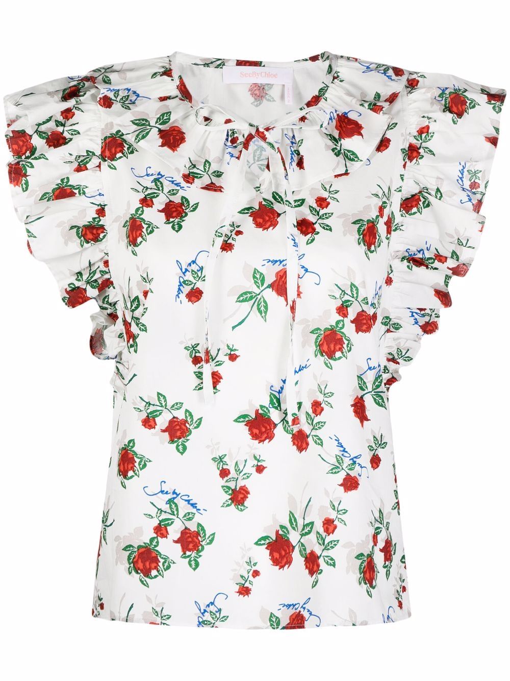 Floral-print ruffle-collar blouse - White