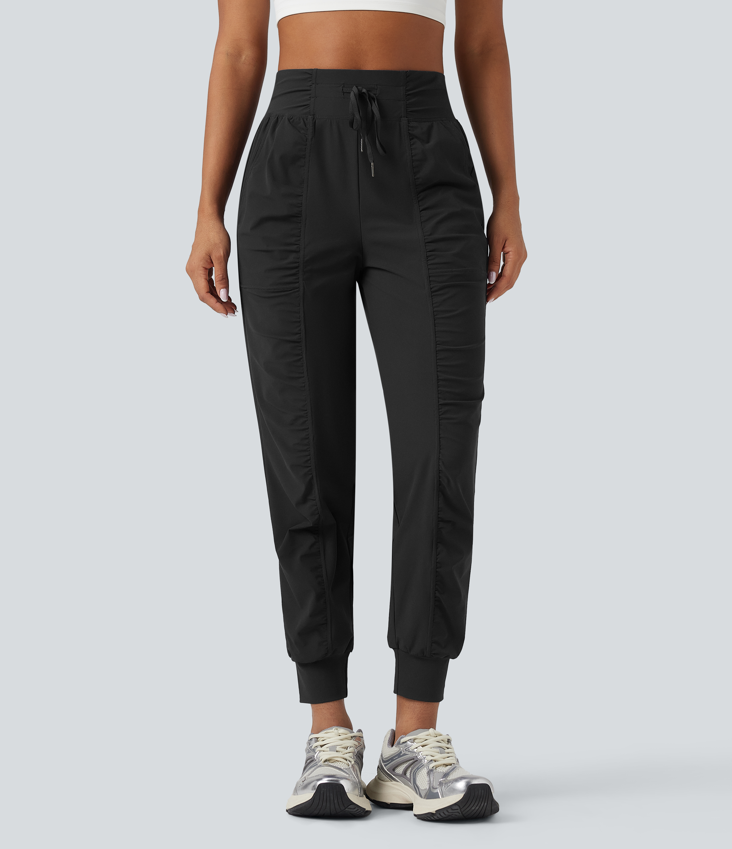 High Waisted Drawstring Ruched Tapered Quick Dry Dance Joggers with Pockets  - Black